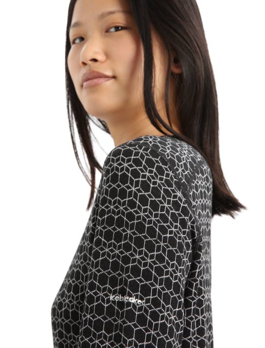 Icebreaker Kvinder merino 250 vertex langærmet crewe termisk top alpine geo B00X857 tøj sort/sne